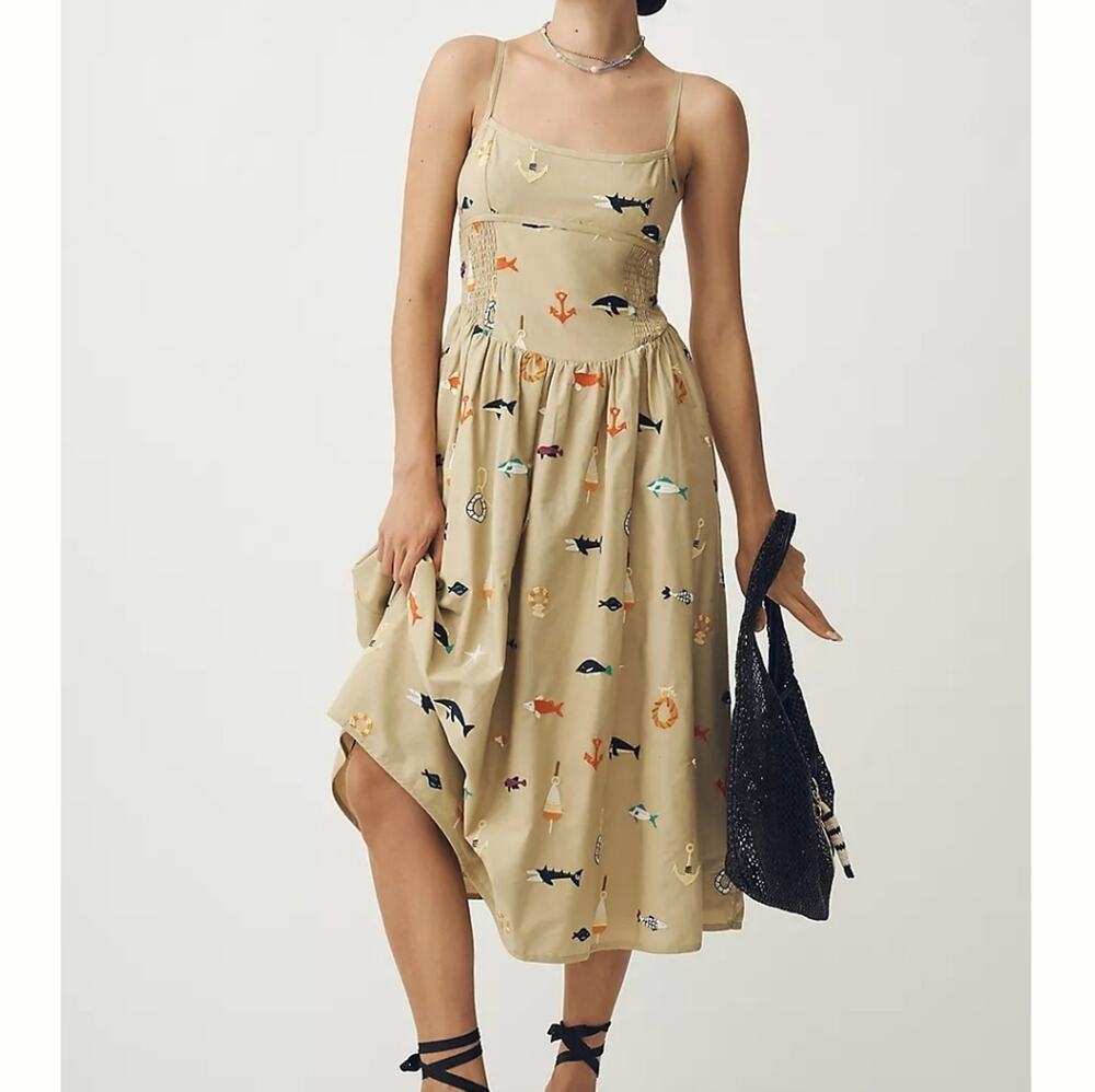 Anthropologie Maeve Sleeveless Square Neck Drop-Waist Midi Dress Sz Xsmall